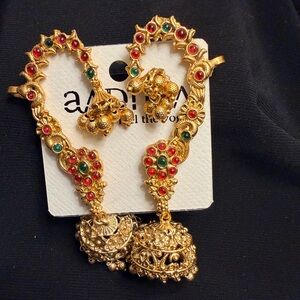 Pakistani, golden pachi kundan ear cuff jhumkay in gold and Multicolor Earrings